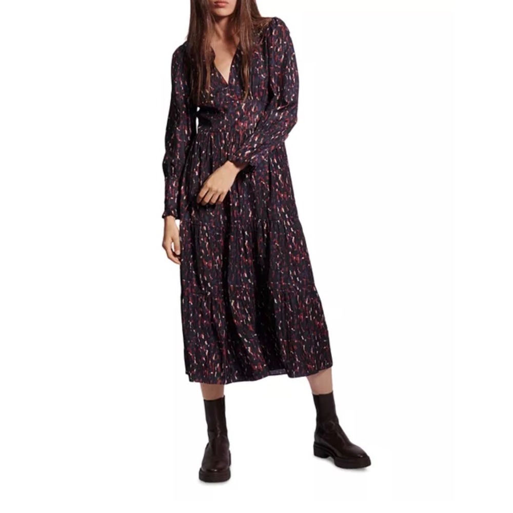 ba&sh Paly Midi Dress Women Size 6 Black Red EUC Long Sleeve Tiered Boho Luxury